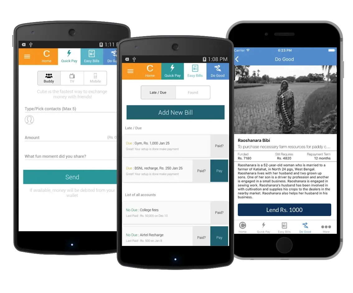 Here are screenshots of the Citrus Cube mobile applications. It helps you pay people, bills and do good.